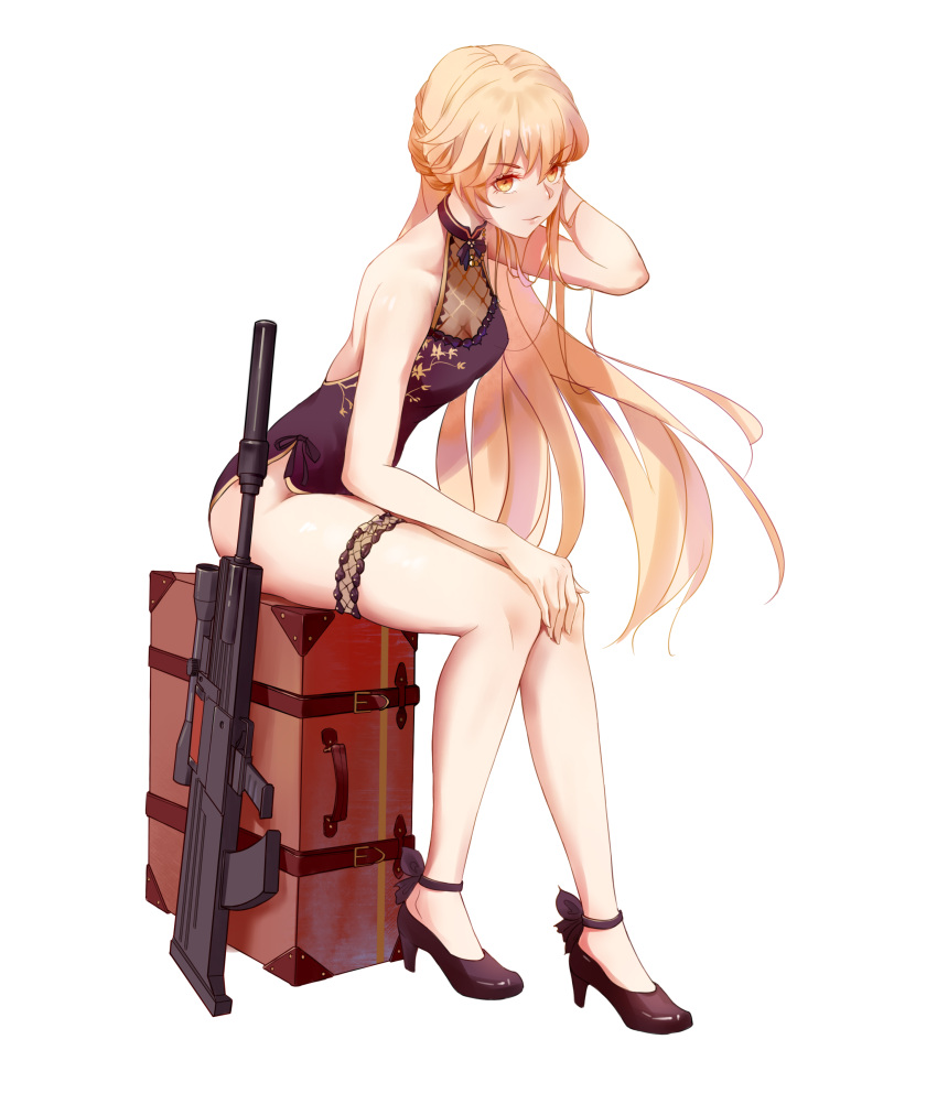1girl absurdres backless_dress backless_outfit bangs bare_arms black_footwear blonde_hair breasts chinese_commentary closed_mouth commentary_request dress eyebrows_visible_through_hair full_body girls_frontline gun hand_on_knees high_heels highres long_hair looking_at_viewer mudined orange_eyes ots-14 ots-14_(girls_frontline) purple_dress ribbon rifle side_slit simple_background sitting skindentation small_breasts solo suitcase thigh_ribbon very_long_hair weapon white_background