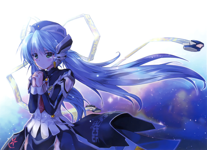1girl bangs blue_dress blue_hair crying crying_with_eyes_open dress eyebrows_visible_through_hair faulds floating_hair green_eyes hair_between_eyes hands_clasped headset highres hoshino_yumemi komatsu_eiji long_hair long_sleeves necktie own_hands_together planetarian red_neckwear shiny shiny_hair solo standing tears very_long_hair white_background