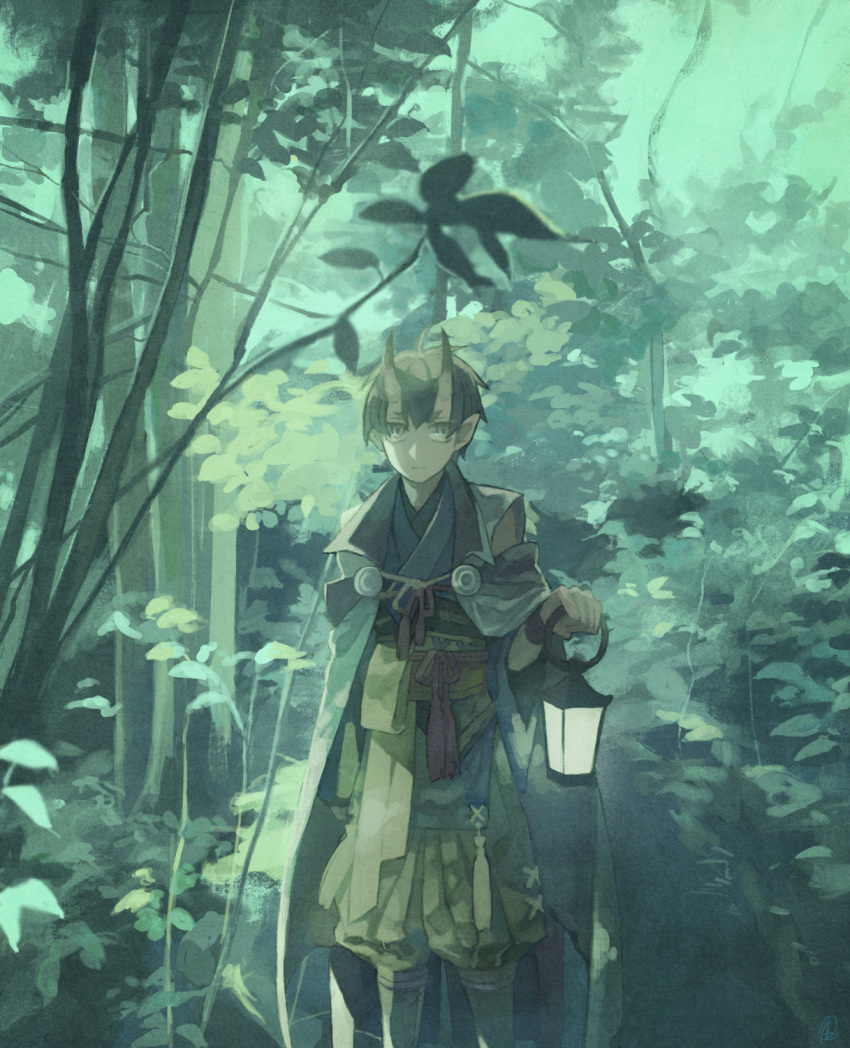 1boy black_hair cape closed_mouth clothing_request commentary_request day forest green_theme grey_cape hakama hakama_pants hand_up highres hise holding holding_lantern horns japanese_clothes lantern looking_at_viewer male_focus multiple_sources nature oni oni_horns original outdoors pants pointy_ears short_hair signature skin-covered_horns solo standing tassel tree yellow_hakama yellow_pants