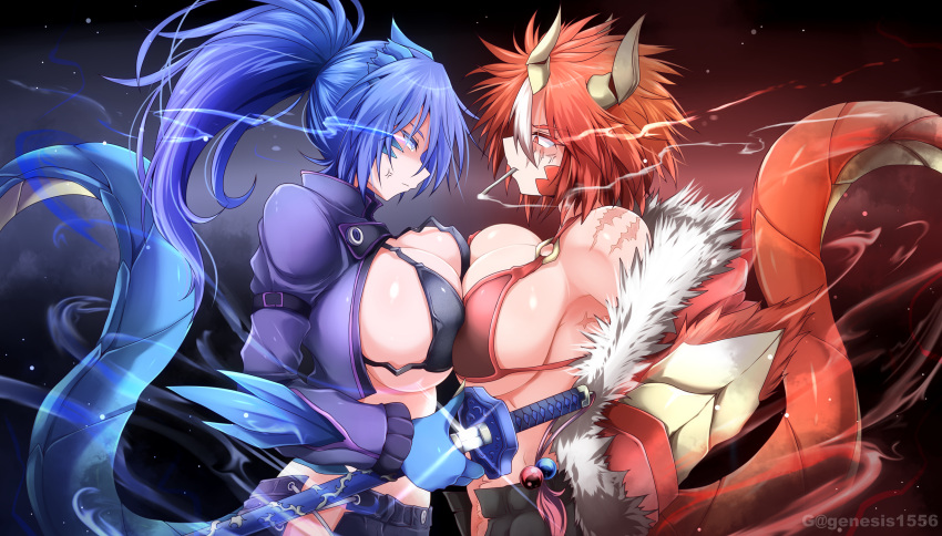 2girls anger_vein annes_(g_(genesis1556)) bangs bikini bikini_top black_background black_bikini blue_eyes blue_hair breast_press breasts claws closed_mouth dein_(g_(genesis1556)) dragon_girl dragon_horns dragon_tail from_side fur_trim g_(genesis1556) highres holding holding_sword holding_weapon horns jacket large_breasts long_hair looking_at_another monster_girl multicolored_hair multiple_girls open_clothes open_jacket original ponytail red_bikini red_eyes redhead scar scar_across_eye sheath sheathed short_hair smoking streaked_hair swimsuit sword symmetrical_docking tail two-tone_hair upper_body weapon