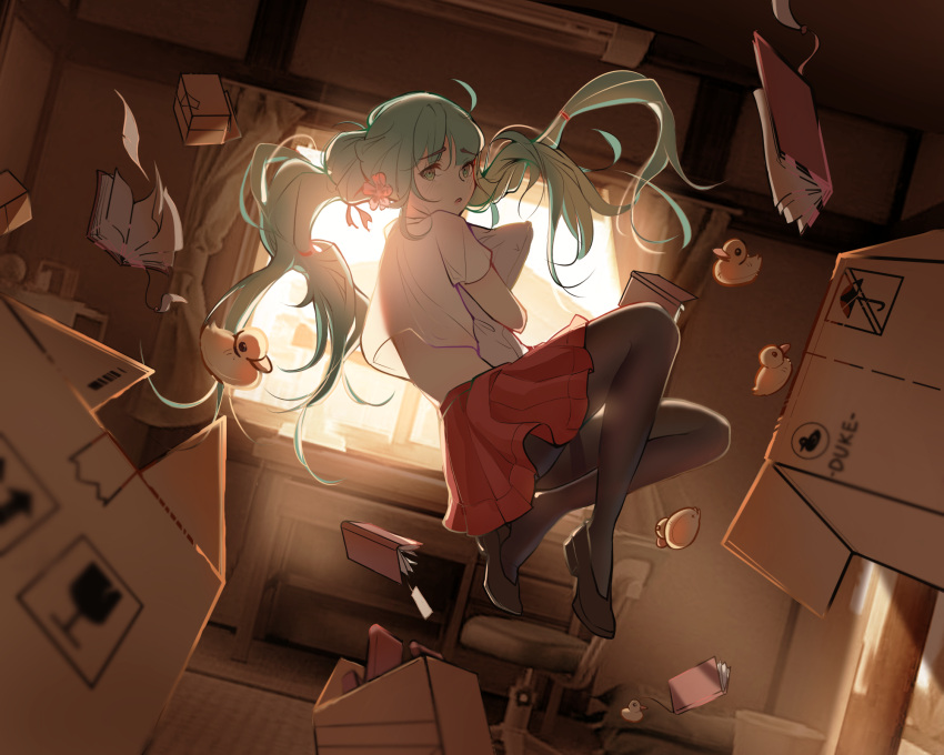 1girl air_conditioner backlighting black_footwear black_legwear blue_hair book box cardboard_box chair commentary curtains desk eyebrows_visible_through_hair floating floating_hair floating_object full_body green_eyes hatsune_miku highres light_blush long_hair looking_at_viewer midair mudined office_chair open_book pantyhose parted_lips pillow pillow_hug red_skirt rubber_duck shirt shoes short_sleeves skirt solo twintails vocaloid white_shirt window