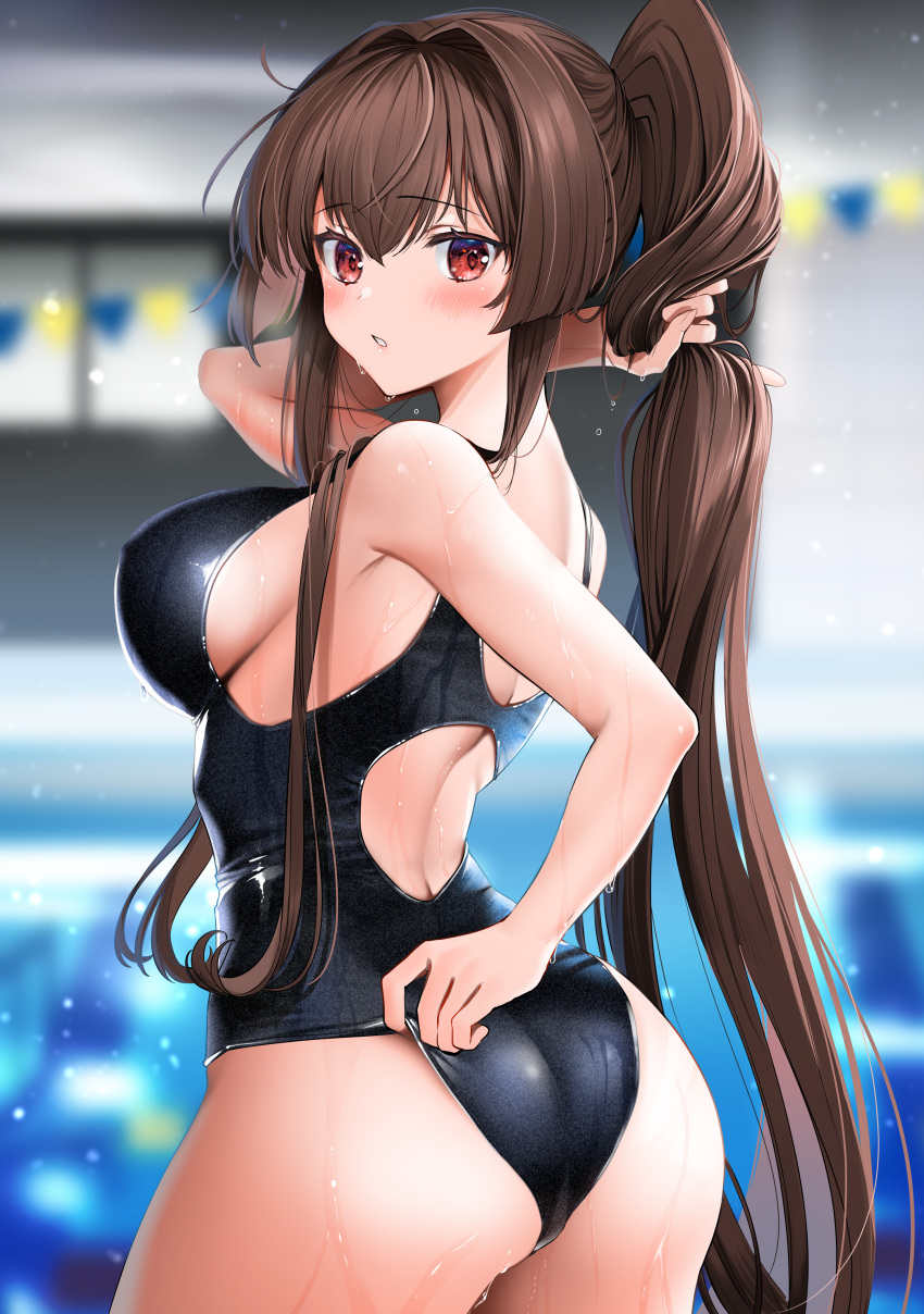 1girl absurdres ass black_swimsuit blurry blurry_background blush breasts brown_hair clothes_pull commentary_request competition_swimsuit from_behind hair_between_eyes hair_intakes highres holding holding_hair kantai_collection large_breasts long_hair one-piece_swimsuit parted_lips ponytail poolside red_eyes sidelocks solo swimsuit swimsuit_pull very_long_hair yamato_(kancolle) yunamaro