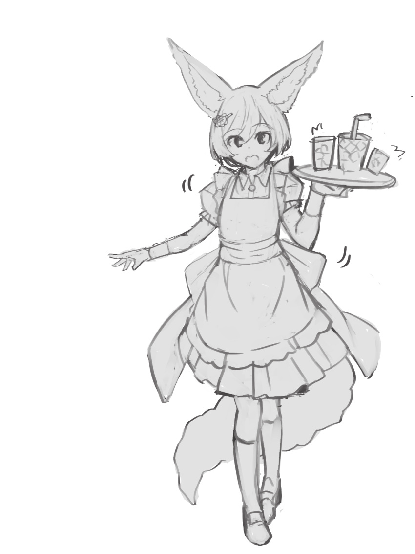 1girl animal_ear_fluff animal_ears apron bendy_straw collared_shirt commentary_request cup dress_shirt drinking_glass drinking_straw flower fox_ears fox_girl fox_tail full_body greyscale hair_flower hair_ornament hairclip highres holding holding_tray ice ice_cube monochrome original pleated_skirt puffy_short_sleeves puffy_sleeves shirt shoes short_sleeves simple_background skirt socks solo standing tail tray white_background wrist_cuffs yuuji_(yukimimi)