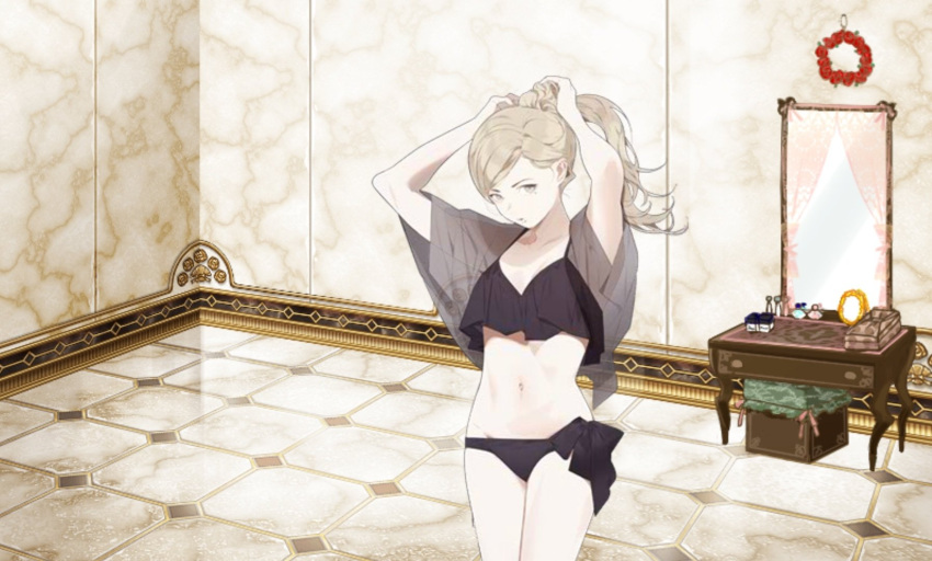 1girl armpits blonde_hair blue_eyes cowboy_shot curtains front-tie_top hair_between_eyes highres kantai_collection long_hair makeup mirror mole mole_under_eye mole_under_mouth nidou panties richelieu_(kancolle) side-tie_panties solo tile_floor tiles underwear vanity_table wall wreath