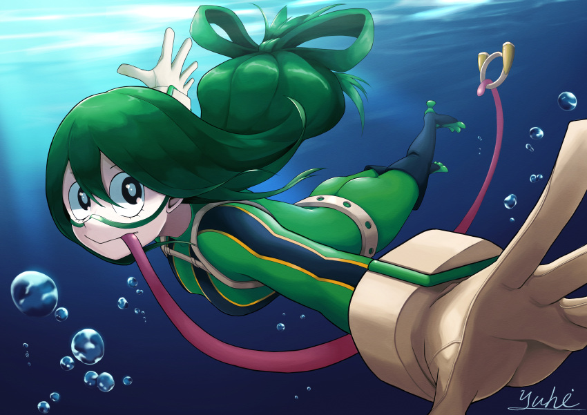 1girl :&gt; absurdres artist_name asui_tsuyu belt black_eyes black_footwear bodysuit boku_no_hero_academia bow_by_hair bubble domino_mask frog_girl gloves goggles green_bodysuit green_hair hair_rings highres huge_filesize long_hair long_tongue looking_at_viewer low-tied_long_hair mask outstretched_arms solo superhero swimming tongue tongue_hold tongue_out underwater very_long_tongue yuhi
