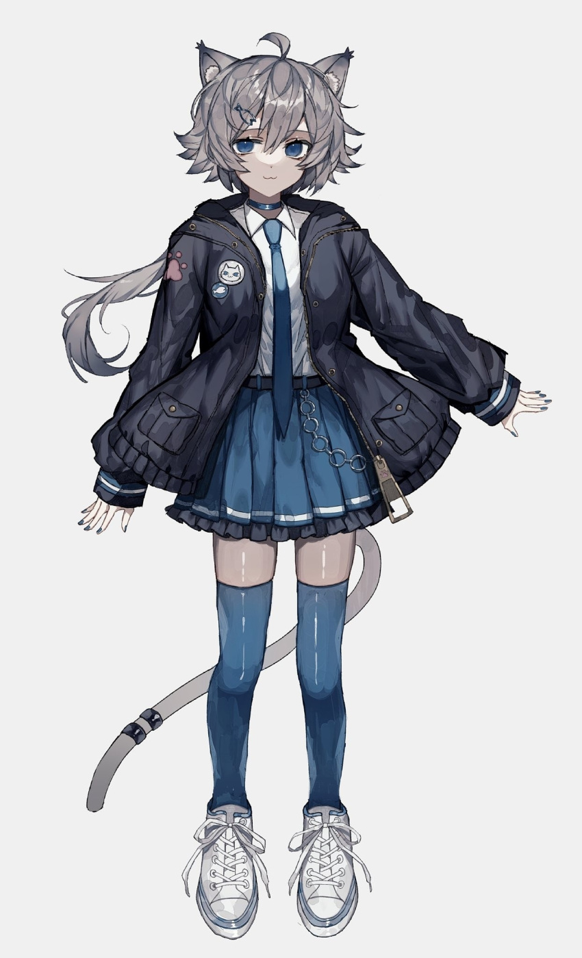 1girl ahoge animal_ear_fluff animal_ears belt black_jacket blue_choker blue_eyes blue_legwear blue_nails blue_neckwear blue_skirt cat_ears choker collared_shirt commentary_request deep_(deep4946) full_body grey_background grey_hair highres jacket long_hair long_sleeves looking_at_viewer necktie open_clothes open_jacket original paw_print pleated_skirt shirt shoes simple_background skirt sneakers solo standing thigh-highs white_footwear white_hair