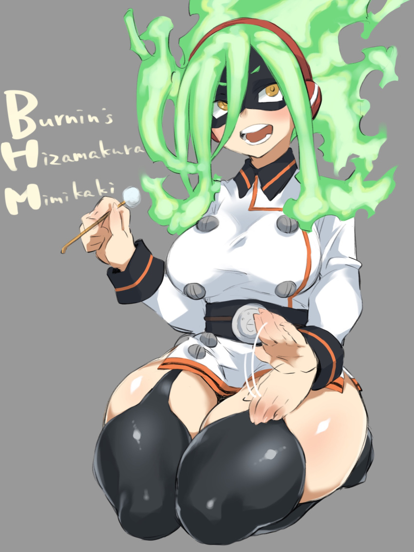 1girl belt belt_buckle black_mask boku_no_hero_academia breasts buckle burnin_(boku_no_hero_academia) character_name curvy domino_mask dress ear_cleaning eyebrows_visible_through_mask fang fiery_hair fukuinu green_hair grey_background headphones highres lap_pillow large_breasts long_hair looking_at_viewer mask mimikaki motherly motion_lines open_mouth seiza short_dress side_slit simple_background sitting solo studded superhero teeth thick_thighs thigh-highs thighs white_dress yellow_eyes