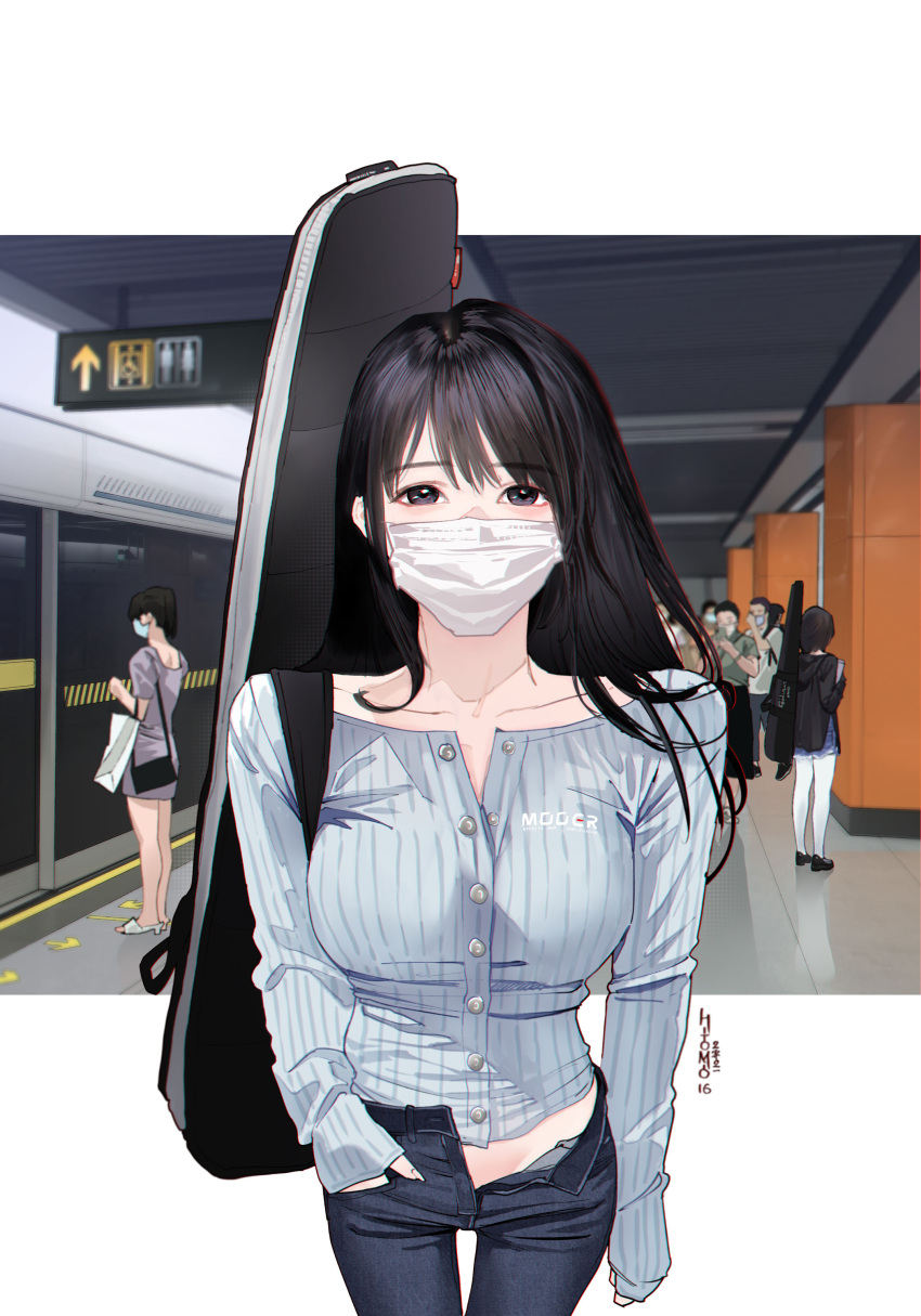 1girl absurdres bangs black_eyes black_hair black_pants breasts buttons cowboy_shot grey_shirt guitar_case guitar_little_sister_(hitomi_o) highres hitomi_o instrument_case instrument_on_back long_hair looking_at_viewer mask medium_breasts mouth_mask open_fly original pants shirt sleeves_past_wrists solo_focus white_mask