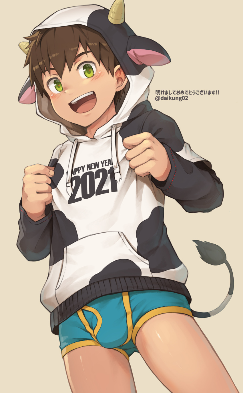 1boy absurdres beater blush boxer_briefs brown_hair bulge chinese_zodiac cow_hood cow_tail green_eyes highres looking_at_viewer male_focus male_underwear open_mouth original smile solo tail twitter_username underwear year_of_the_ox