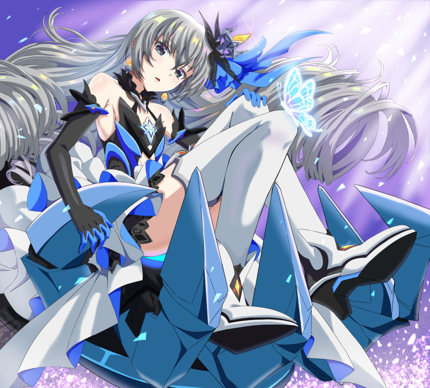 1girl :o bangs bare_shoulders black_gloves blue_butterfly breasts bronya_zaychik bronya_zaychik_(herrscher_of_reason) bug butterfly drill_hair earrings elbow_gloves full_body gloves grey_eyes grey_hair hair_between_eyes hair_ornament highres honkai_(series) honkai_impact_3rd insect jewelry long_hair looking_at_viewer open_mouth ponnyu12 shoe_soles small_breasts solo thigh-highs twin_drills white_footwear white_legwear