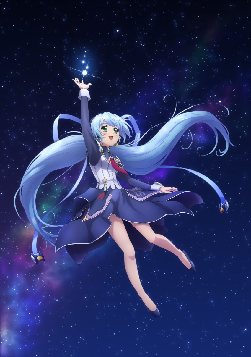 1girl :d arm_up bangs blue_dress blue_footwear blush dress faulds floating_hair full_body green_eyes highres hoshino_yumemi long_hair long_sleeves looking_up milky_way necktie official_art open_mouth planetarian pumps red_neckwear silver_hair sky smile solo star_(sky) starry_sky swept_bangs twintails very_long_hair