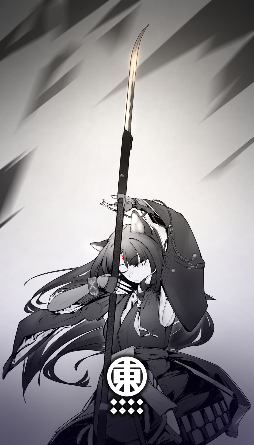 1girl absurdres animal_ears arknights armpits bangs detached_sleeves dog_ears elbow_gloves eyebrows_visible_through_hair facial_mark fingerless_gloves forehead_mark gloves greyscale highres holding holding_weapon japanese_clothes long_hair monochrome naginata null-3 one_eye_closed open_mouth polearm saga_(arknights) solo weapon