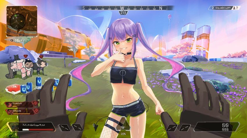 1girl absurdres apex_legends bare_arms belt black_choker black_shorts black_tank_top breasts choker clenched_hands colored_inner_hair commentary contrapposto crop_top demon_tail ear_piercing english_commentary fishnet_legwear fishnets green_eyes hair_ornament hairclip highres hololive industrial_piercing long_hair midriff multicolored_hair navel o-ring o-ring_choker piercing pink_hair pointy_ears pov pov_hands purple_hair radioneet scratching_cheek short_shorts shorts sidelocks single_garter single_thighhigh small_breasts solo_focus streaked_hair sweat tail tail_ornament tail_piercing tank_top thigh-highs tokoyami_towa twintails user_interface virtual_youtuber wraith_(apex_legends)
