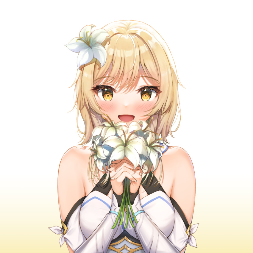 1girl :d bangs bare_shoulders blonde_hair blush bouquet breasts detached_sleeves eyebrows_visible_through_hair flower genshin_impact hair_flower hair_ornament highres holding holding_bouquet lily_(flower) long_sleeves looking_at_viewer lumine_(genshin_impact) medium_breasts open_mouth qoray7 smile solo upper_body white_background white_flower yellow_eyes