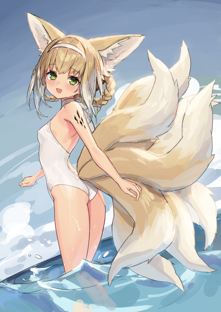 1girl animal_ear_fluff animal_ears arknights ass bangs blonde_hair blush braid breasts day eyebrows_visible_through_hair fox_ears fox_girl fox_tail from_behind green_eyes hairband highres looking_at_viewer looking_back medium_hair multicolored_hair multiple_tails one-piece_swimsuit open_mouth outdoors sigm@ small_breasts solo standing suzuran_(arknights) swimsuit tail two-tone_hair water white_hairband white_swimsuit