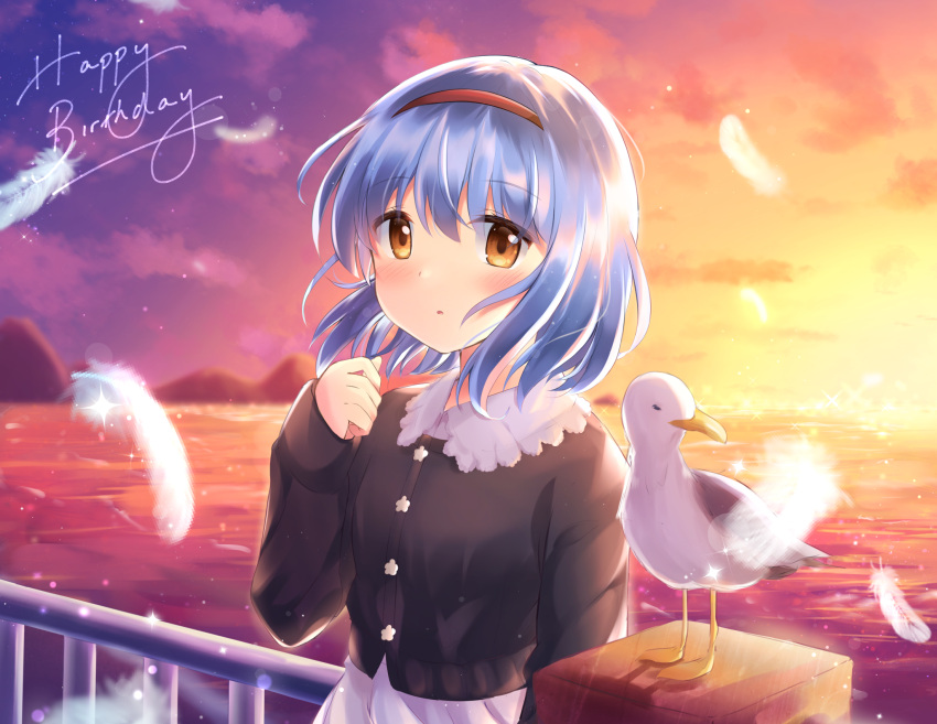 1girl bird black_shirt blue_hair brown_eyes clip_studio_paint_(medium) clouds commentary_request feathers gradient_sky hairband happy_birthday highres little_busters!! looking_at_viewer mitsuna nishizono_mio ocean railing red_hairband seagull shirt short_hair sky sunset upper_body