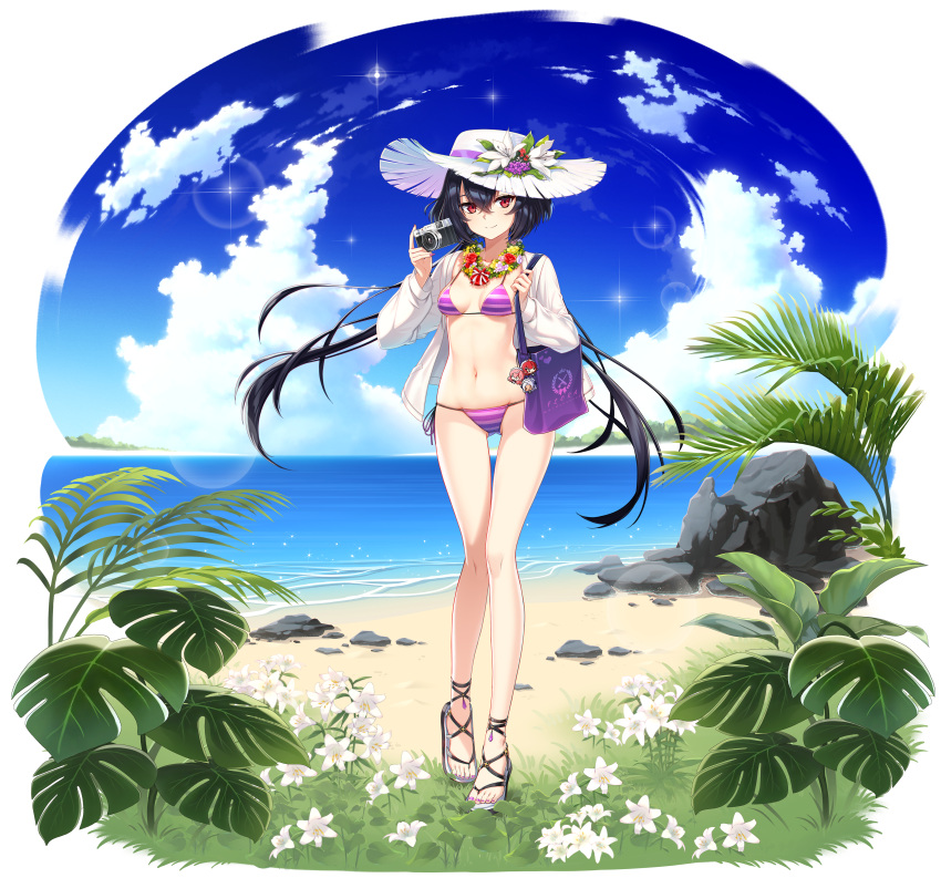 1girl absurdres alpha_transparency bag bare_legs beach bikini black_hair breasts camera clouds counter_side downscaled floating_hair flower flower_necklace full_body hair_between_eyes hand_up hat hat_flower highres holding huge_filesize jacket jewelry lily_(counter_side) long_hair long_sleeves looking_at_viewer low_twintails medium_breasts navel necklace ocean official_art open_clothes open_jacket purple_bikini red_eyes resized sandals shoulder_bag side-tie_bikini smile solo standing stomach string_bikini sun_hat swimsuit thigh_gap thighs transparent_background twintails very_long_hair white_headwear white_jacket