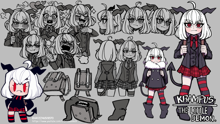 +_+ 1girl :3 :d absurdres ahoge angry animal_ears asymmetrical_legwear backpack bag bangs black_footwear black_jacket black_neckwear boots character_name chibi commentary demon_girl demon_tail english_commentary expressions eyebrows_visible_through_hair fang fang_out fur_collar goat_ears grey_background grizz heart helltaker highres holding_strap horizontal_pupils horns jacket medium_hair mismatched_legwear multiple_views necktie open_mouth original partially_colored plaid plaid_skirt pout randoseru red_eyes red_shirt sharp_teeth shirt simple_background skirt smile smug striped striped_legwear tail teeth thick_eyebrows twitter_username v-shaped_eyebrows white_hair