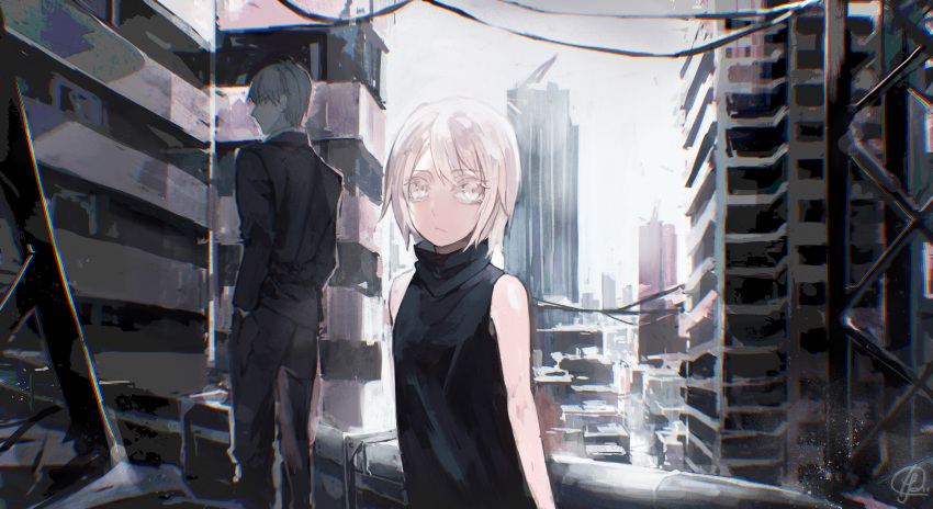 1boy 1girl absurdres bare_shoulders black_dress black_jacket black_pants breasts building chromatic_aberration closed_mouth commentary_request dress expressionless formal grey_eyes grey_hair hands_in_pockets highres hise jacket light_particles looking_at_viewer original outdoors pants profile ruins signature sleeveless sleeveless_dress small_breasts standing turtleneck_dress white_eyes white_hair