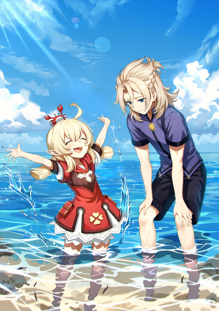 1boy 1girl :d ^_^ ^o^ ahoge albedo_(genshin_impact) animal_on_head arm_support arms_up bangs beach bent_over black_shorts bloomers blue_eyes blue_sky bob_(bab67ii) braid brown_hair closed_eyes clouds cloudy_sky coat commentary_request crab eyebrows_visible_through_hair genshin_impact hair_between_eyes highres horizon in_water klee_(genshin_impact) light_brown_hair long_hair long_sleeves looking_at_another ocean on_head open_mouth outstretched_arms pocket pointy_ears purple_shirt red_coat shirt shorts sidelocks single_braid sky sleeves_folded_up smile spread_arms underwear vision_(genshin_impact) water_drop