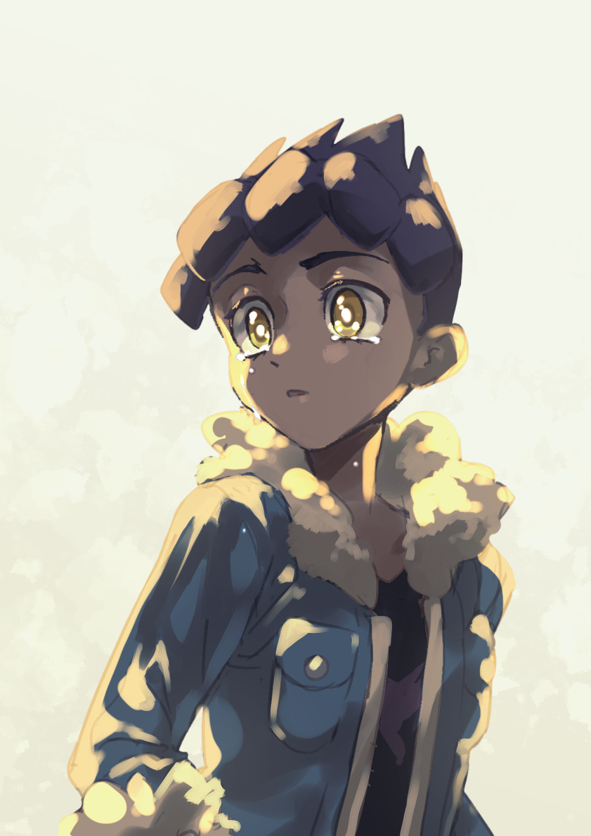 1boy black_shirt blue_jacket bright_pupils commentary_request crying dark-skinned_male dark_skin fur-trimmed_jacket fur_trim highres hop_(pokemon) jacket komame_(st_beans) looking_to_the_side male_focus open_clothes open_jacket parted_lips pokemon pokemon_(game) pokemon_swsh purple_hair shirt short_hair solo tears upper_body white_pupils yellow_eyes