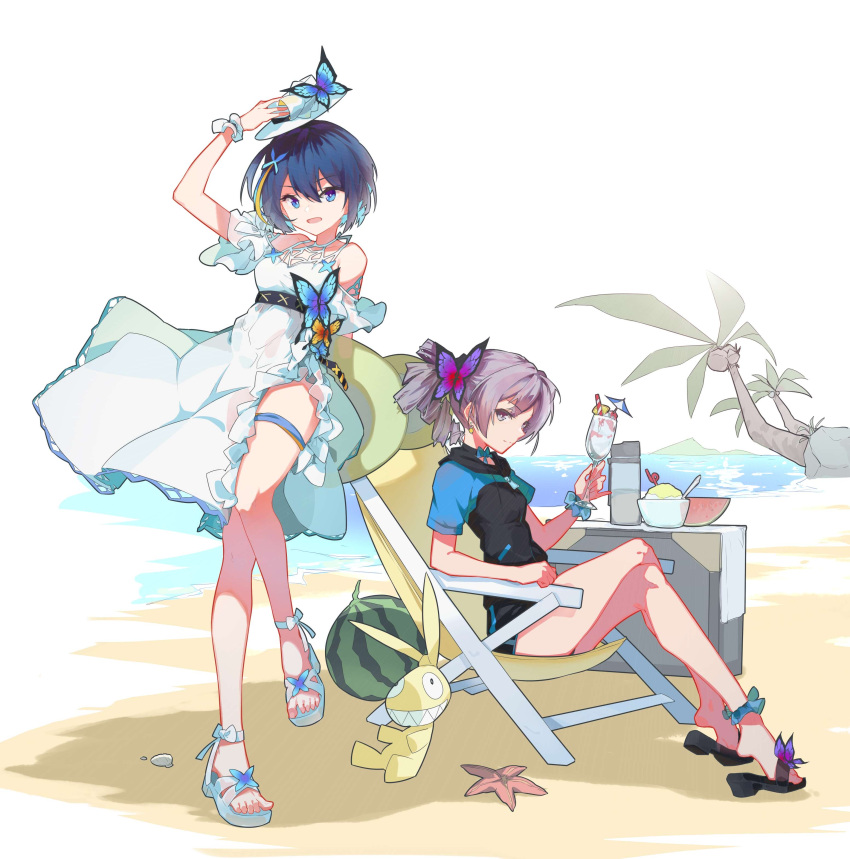 2girls :d absurdres bangs bare_shoulders beach beach_chair black_hoodie black_shorts blue_eyes blue_hair bowl bronya_zaychik closed_mouth cup doll dress food fruit full_body grey_eyes grey_hair hair_between_eyes hair_ornament hat highres holding holding_clothes holding_cup holding_hat homu_(honkai_impact) honkai_(series) honkai_impact_3rd hood hoodie ice_cream linxi looking_at_viewer multicolored_hair multiple_girls ocean open_mouth palm_tree sand sandals seele_vollerei seele_vollerei_(swallowtail_phantasm) short_sleeves shorts sitting smile starfish streaked_hair summer summer_uniform sundress table toes tree watermelon white_dress white_headwear