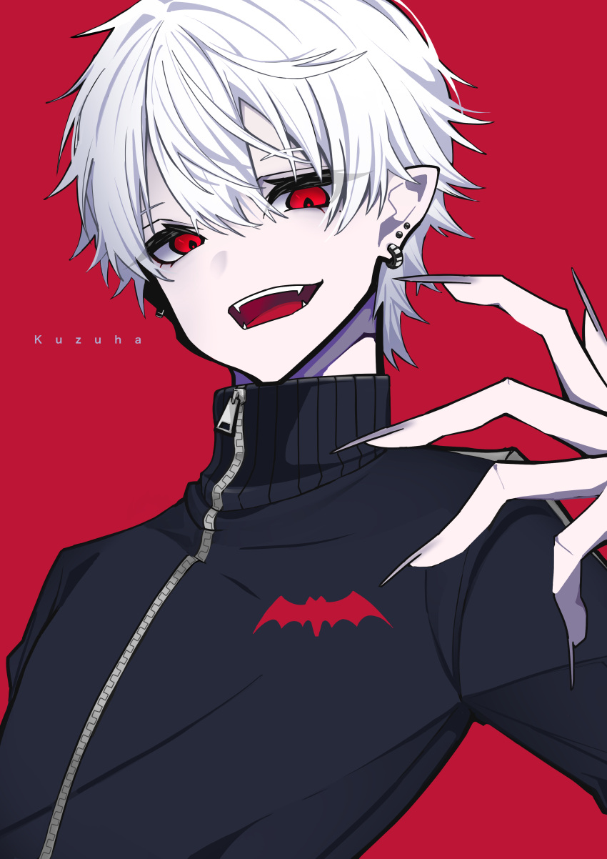 1boy absurdres character_name ear_piercing earrings eyebrows_behind_hair eyes_visible_through_hair fangs fingernails grey_nails hair_between_eyes highres jewelry kuzuha_(nijisanji) long_fingernails male_focus nijisanji open_mouth piercing pointy_ears red_background red_eyes sharp_fingernails silhouette simple_background smile solo teeth tongue turtleneck upper_body vampire very_long_fingernails white_hair yutoekaki zipper zipper_pull_tab