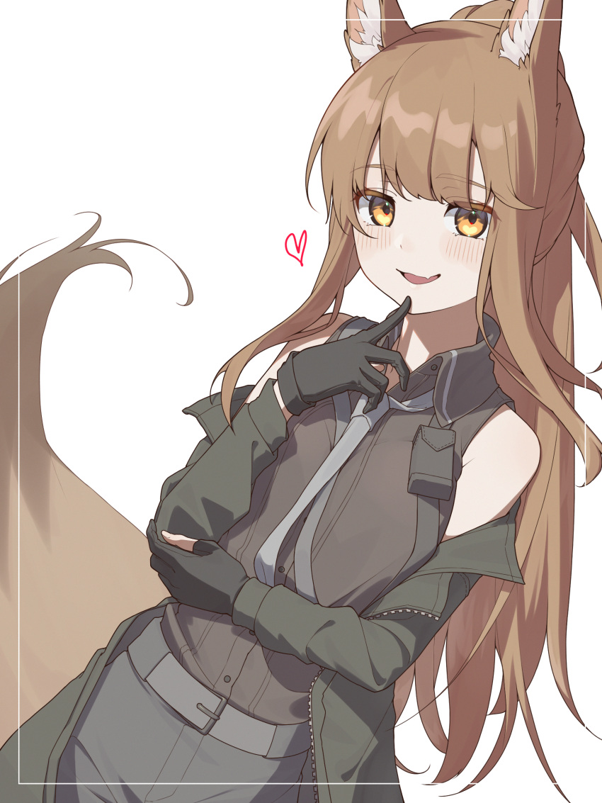 1girl absurdres animal_ears arknights bare_shoulders belt black_shirt blush brown_hair commentary dutch_angle fox_ears fox_girl fox_tail franka_(arknights) green_jacket grey_belt grey_neckwear grey_shorts heart highres jacket long_hair looking_at_viewer necktie off_shoulder open_clothes open_jacket open_mouth shirt shorts shoujo_l simple_background sleeveless sleeveless_shirt solo symbol-only_commentary tail upper_body white_background yellow_eyes