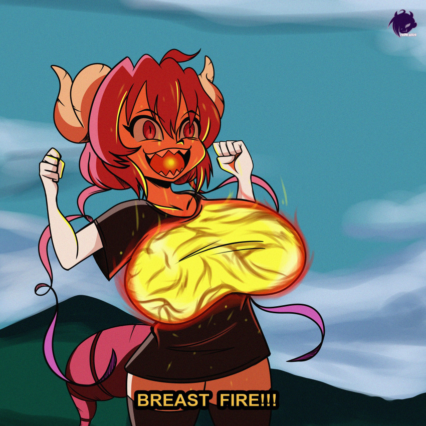 1girl absurdres artist_name blue_sky breast_fire breasts breathing_fire crossover dragon_girl dragon_horns dragon_tail english_text fire frank_araya glowing highres horns huge_breasts ilulu_(maidragon) kobayashi-san_chi_no_maidragon mazinger_(series) open_mouth oppai_loli sharp_teeth short_stack sky tail teeth