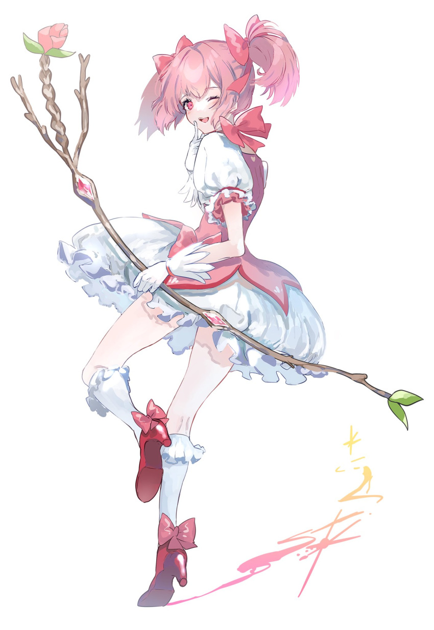 1girl bow bow_(weapon) commentary_request dress finger_to_mouth frilled_legwear from_side full_body gloves hair_bow high_heels highres holding holding_bow_(weapon) holding_weapon kaname_madoka kneehighs long_hair looking_at_viewer looking_to_the_side magical_girl mahou_shoujo_madoka_magica nanaponi one_eye_closed petticoat pink_bow pink_dress pink_eyes pink_footwear pink_hair puffy_short_sleeves puffy_sleeves short_sleeves simple_background skirt smile solo standing standing_on_one_leg twintails weapon white_background white_gloves white_legwear white_skirt