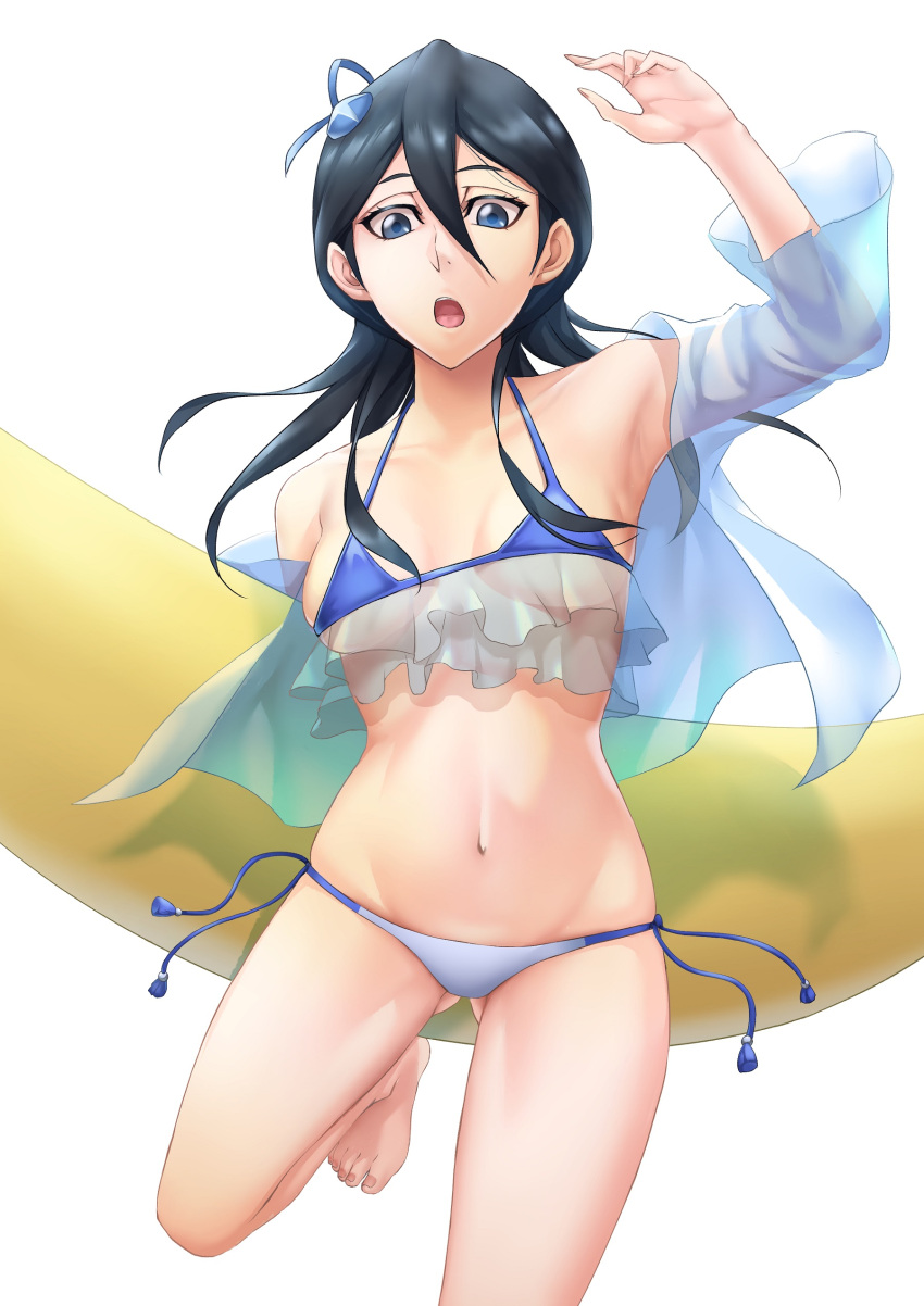 1girl absurdres armpits bikini black_hair bleach blue_eyes blush breasts hair_between_eyes highres kuchiki_rukia looking_at_viewer midriff navel open_mouth sakuya_(liao_kj) see-through short_hair simple_background small_breasts solo surfboard swimsuit white_background