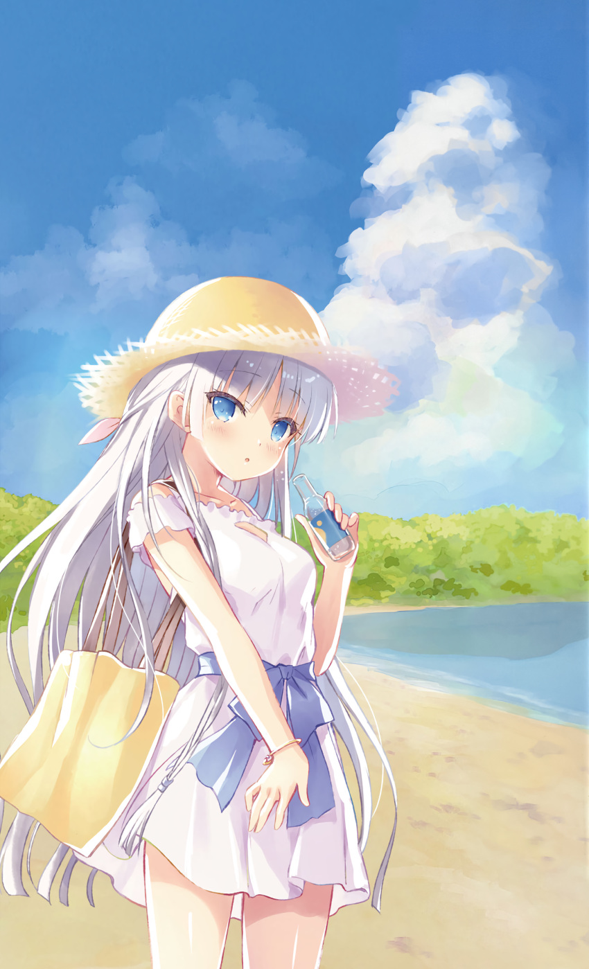 1girl absurdres bangs beach blue_bow blue_eyes blue_sky blush bottle bow cleavage_cutout clothing_cutout clouds collarbone cowboy_shot day dress eyebrows_visible_through_hair floating_hair hair_ribbon hat highres holding holding_bottle long_hair looking_at_viewer na-ga naruse_shiroha outdoors pink_ribbon ribbon shiny shiny_skin short_dress silver_hair sky solo standing straw_hat summer_pockets sun_hat sundress very_long_hair white_dress yellow_headwear