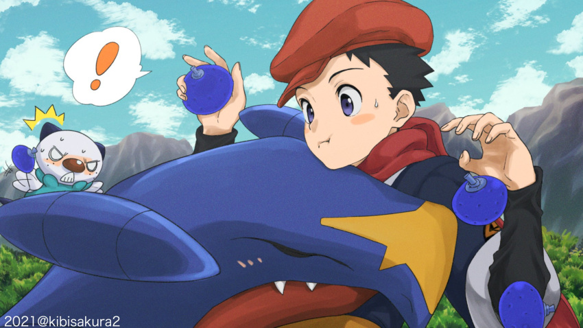 1boy ^^^ berry_(pokemon) black_hair black_undershirt blush blush_stickers clenched_teeth closed_mouth clouds commentary_request dated day garchomp gen_4_pokemon gen_5_pokemon grey_eyes hands_up hat highres holding jacket kibisakura2 male_focus mountain oran_berry oshawott outdoors pokemon pokemon_(creature) pokemon_(game) pokemon_legends:_arceus red_headwear red_scarf rei_(pokemon) scarf short_hair sky spiky_hair sweat teeth twitter_username undershirt