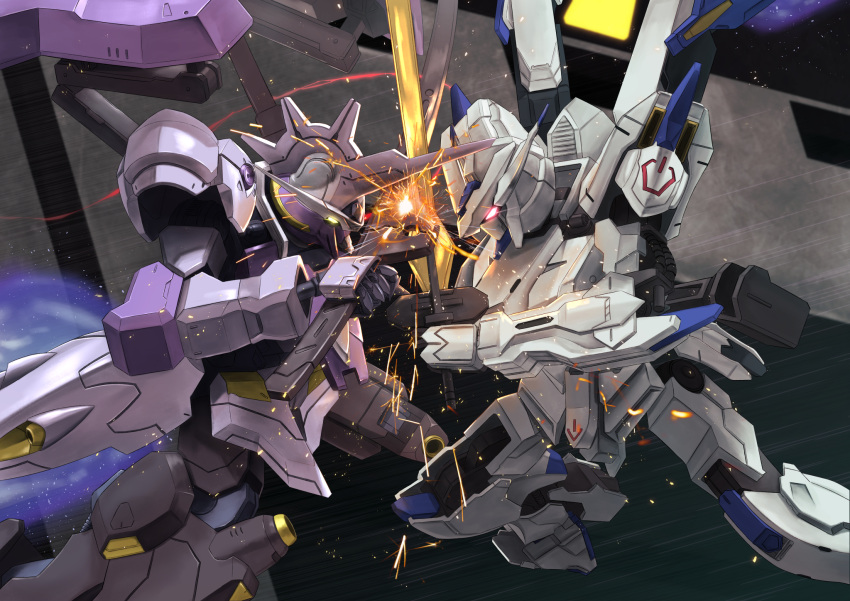 fighting flying glowing glowing_eye gundam gundam_bael gundam_kimaris_vidar gundam_tekketsu_no_orphans highres horns mecha mobile_suit no_humans red_eyes science_fiction single_horn sparks sword_clash tsubasansan v-fin yellow_eyes