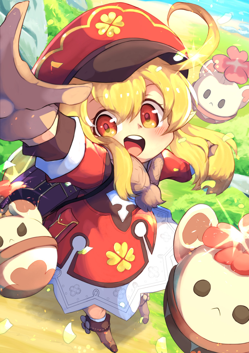 1girl :d ahoge arm_up backpack bag bangs blonde_hair blue_sky blurry boots brown_footwear brown_gloves brown_scarf cabbie_hat clover_print coat commentary_request depth_of_field eyebrows_visible_through_hair from_above genshin_impact gloves hair_between_eyes hat hat_feather hat_ornament highres jumpy_dumpty klee_(genshin_impact) knee_boots kneehighs long_hair long_sleeves looking_at_viewer looking_up low_twintails orange_eyes outstretched_arms petals pocket pointy_ears randoseru ratipiko red_coat red_headwear scarf sidelocks sky smile solo spread_arms standing standing_on_one_leg throwing twintails