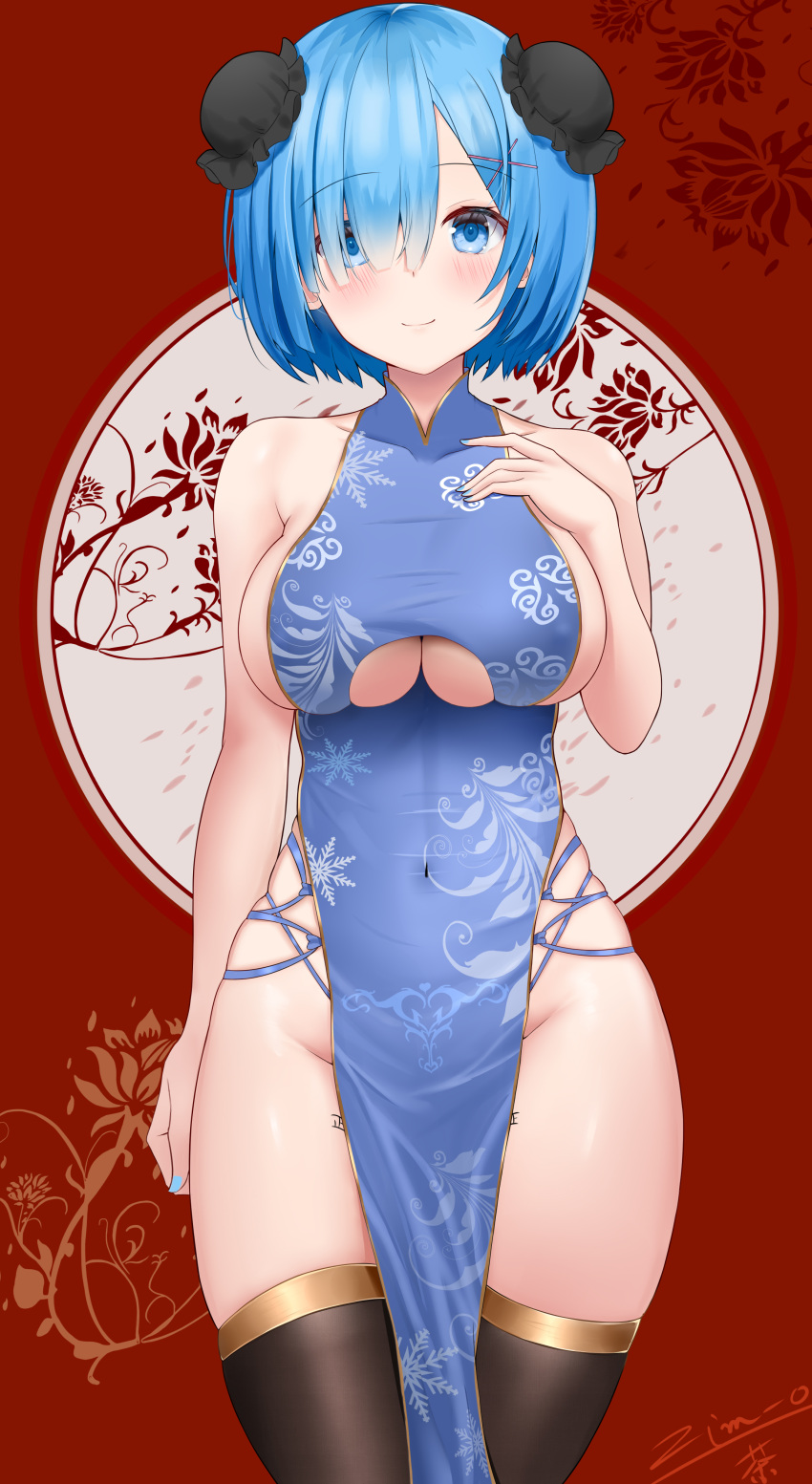 1girl absurdres alternate_costume bare_arms bare_shoulders black_legwear blue_dress blue_eyes blue_hair blue_nails blush body_writing breasts bun_cover china_dress chinese_clothes closed_mouth clothing_cutout collarbone covered_navel cowboy_shot double_bun dress eyebrows_visible_through_hair floral_background groin hair_ornament hair_over_one_eye hairclip hand_on_own_chest highres large_breasts looking_at_viewer nail_polish no_panties pelvic_curtain re:zero_kara_hajimeru_isekai_seikatsu red_background rem_(re:zero) skindentation sleeveless sleeveless_dress smile solo thigh-highs thighs under_boob underboob_cutout x_hair_ornament zim-o_(2cy520)