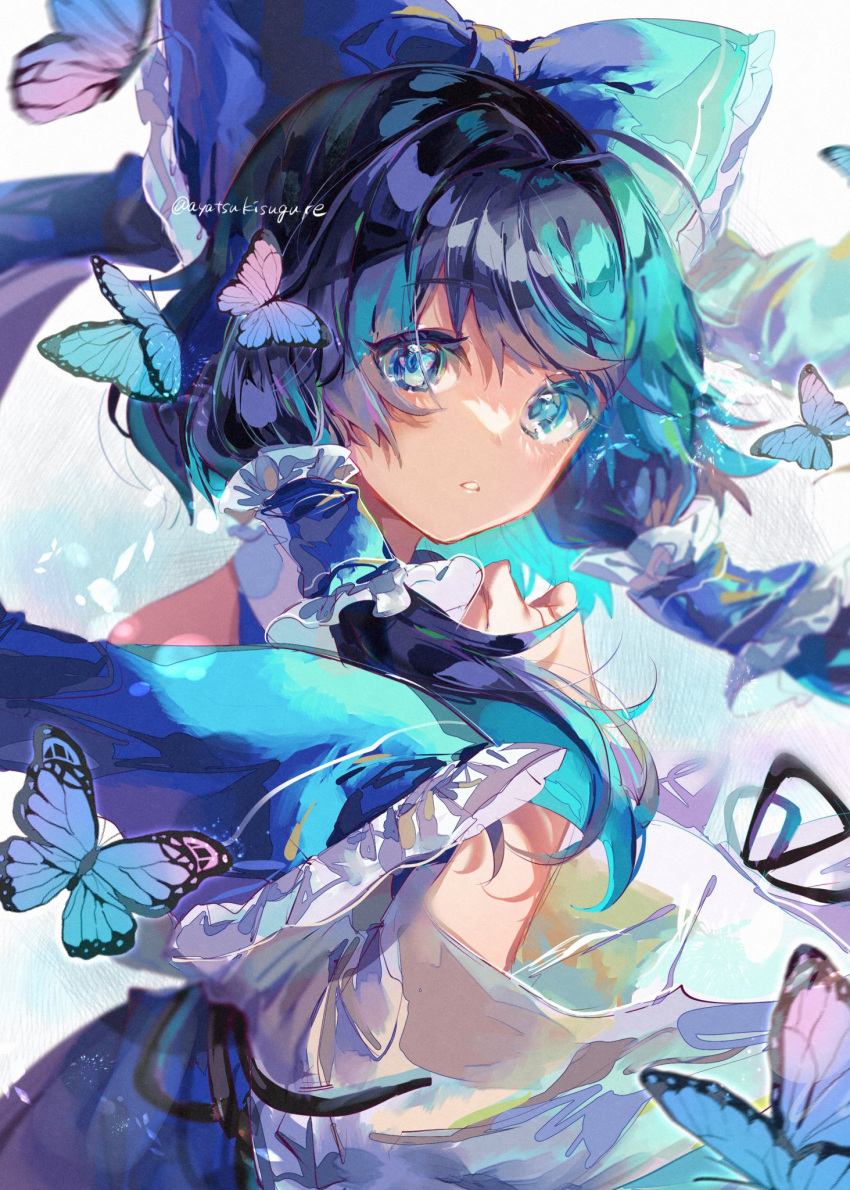 1girl alternate_color artist_name ayatsuki_sugure bangs bare_shoulders black_hair blue_background blue_bow blue_dress blue_eyes bow bug butterfly butterfly_wings closed_mouth collar collared_dress detached_sleeves dress eyebrows_visible_through_hair eyes_visible_through_hair flying hair_between_eyes hair_ornament hair_tubes hakurei_reimu hand_up highres insect light looking_at_viewer shadow short_hair solo teeth touhou white_background wide_sleeves wings