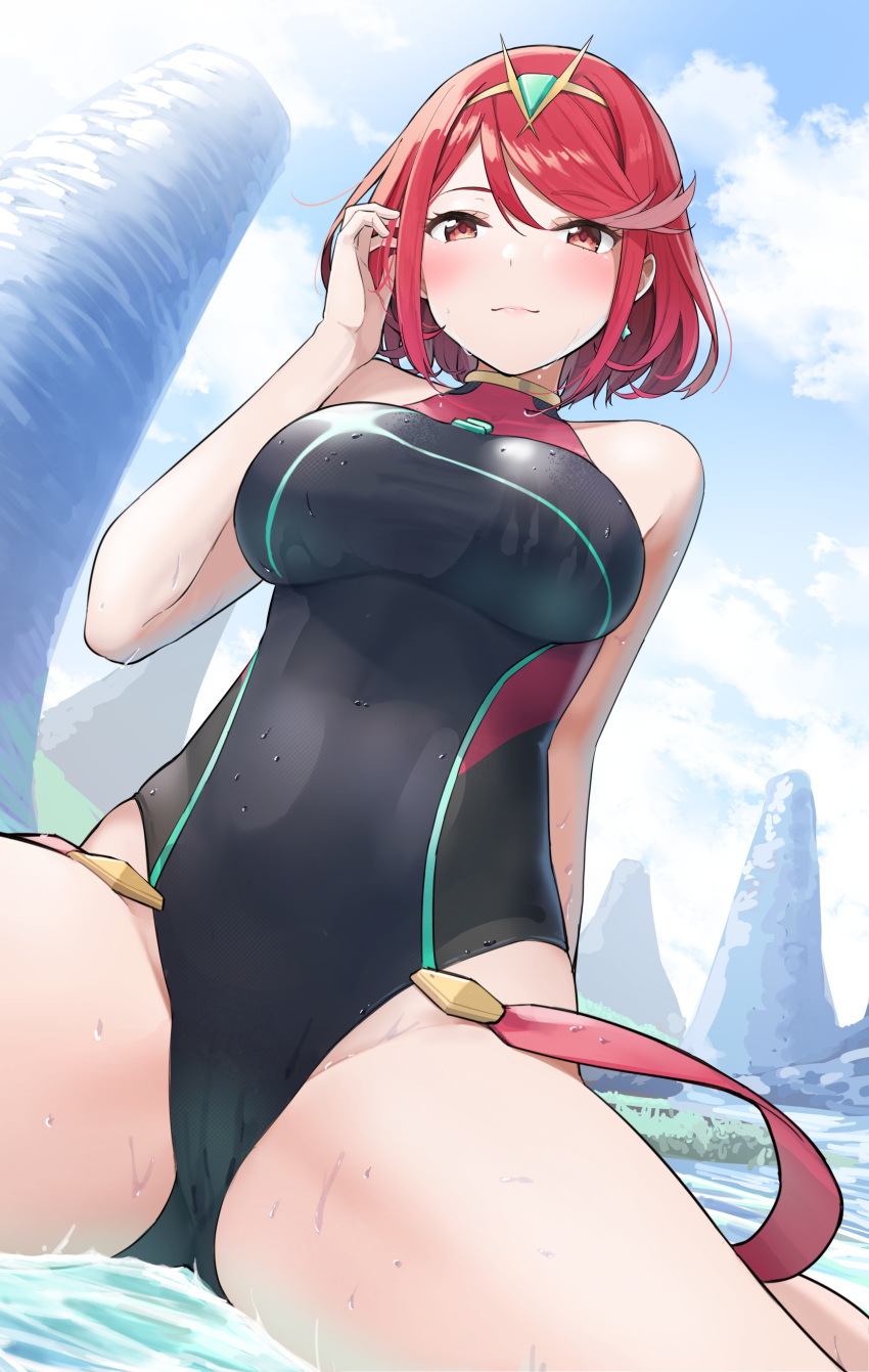 1girl absurdres black_swimsuit blue_sky breasts closed_mouth clouds commentary_request earrings headpiece highres jewelry looking_at_viewer mameroku one-piece_swimsuit outdoors pyra_(pro_swimmer)_(xenoblade) pyra_(xenoblade) red_eyes redhead short_hair sitting sky smile solo swimsuit water wet xenoblade_chronicles_(series) xenoblade_chronicles_2