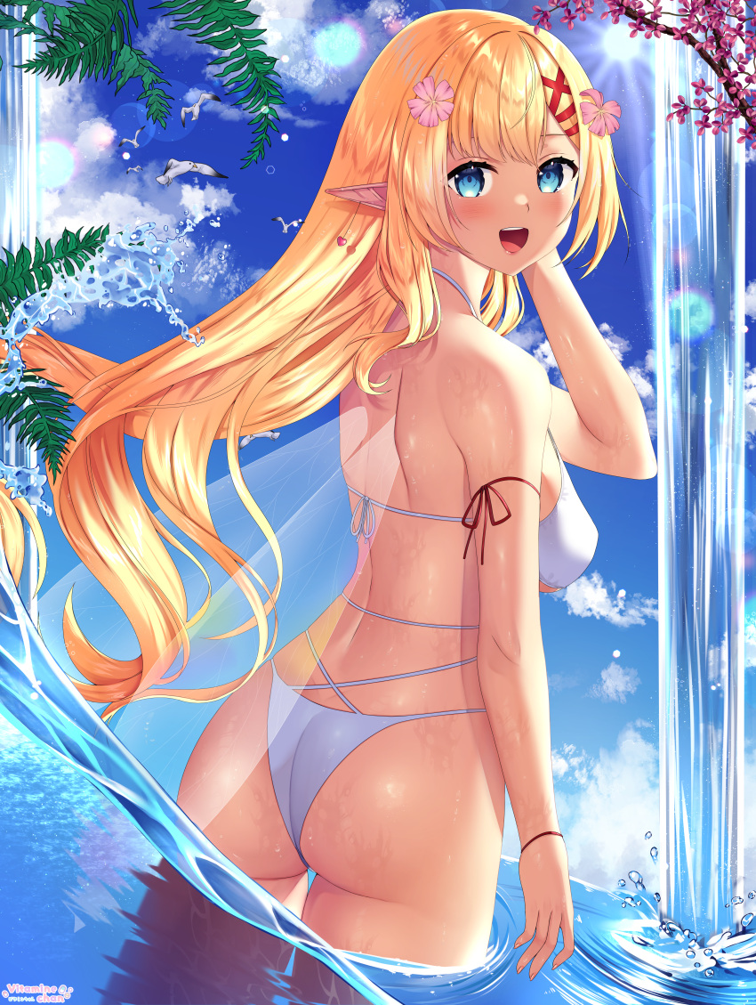 1girl :d absurdres ass bikini blonde_hair blue_eyes blue_sky day elf highres huge_filesize long_hair looking_at_viewer open_mouth outdoors pointy_ears sky smile solo sun swimsuit very_long_hair vitaminechan wading water white_bikini