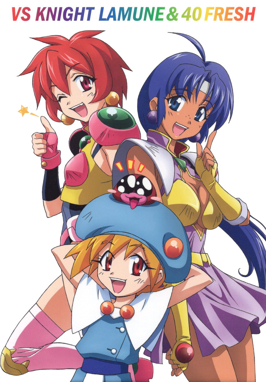 1990s_(style) 3girls ahoge arms_behind_head arms_up bangs blonde_hair blue_eyes blue_hair blush_stickers breasts cacao_(lamune) copyright_name dark-skinned_female dark_skin earrings eyebrows_visible_through_hair fingerless_gloves gloves hat headband height_difference highres index_finger_raised jewelry large_breasts lemon_(vs_knight_lamune_&amp;_40_fresh) long_hair looking_at_viewer multiple_girls official_art open_mouth parfait_(lamune) pq_(lamune) red_eyes redhead retro_artstyle scan short_hair simple_background vs_knight_lamune_&amp;_40_fresh white_background