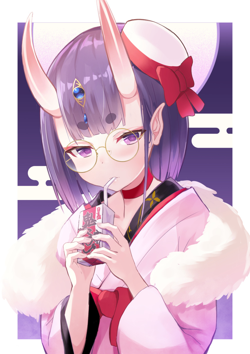 1girl bangs bendy_straw blush bob_cut bow breasts choker dress_for_demons drinking drinking_straw eyeliner fate/grand_order fate_(series) glasses gyzett hat headpiece highres horns japanese_clothes juice_box kimono long_sleeves looking_at_viewer makeup mini_hat oni oni_horns pink_headwear pink_kimono pointy_ears purple_hair red_bow sash short_hair shuten_douji_(fate) skin-covered_horns small_breasts solo violet_eyes wide_sleeves