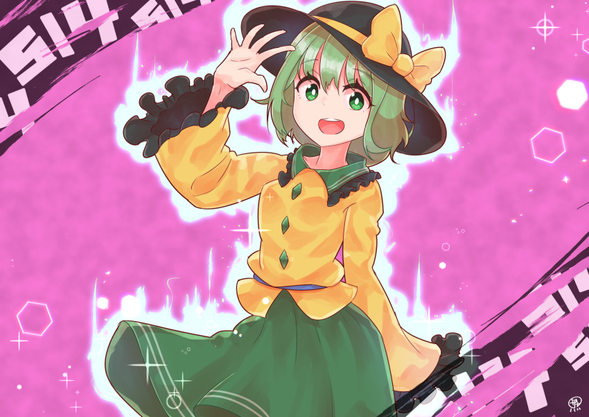 1girl arm_up bangs belt black_headwear blouse blue_belt bow breasts brown_background collar collared_blouse crystal eyebrows_visible_through_hair eyes_visible_through_hair frills green_eyes green_hair green_skirt hair_between_eyes hand_up hat hat_bow highres jewelry koishi_day komeiji_koishi long_sleeves looking_at_viewer medium_breasts number open_mouth pink_background short_hair skirt smile solo touhou wide_sleeves yellow_blouse yellow_bow zanasta0810