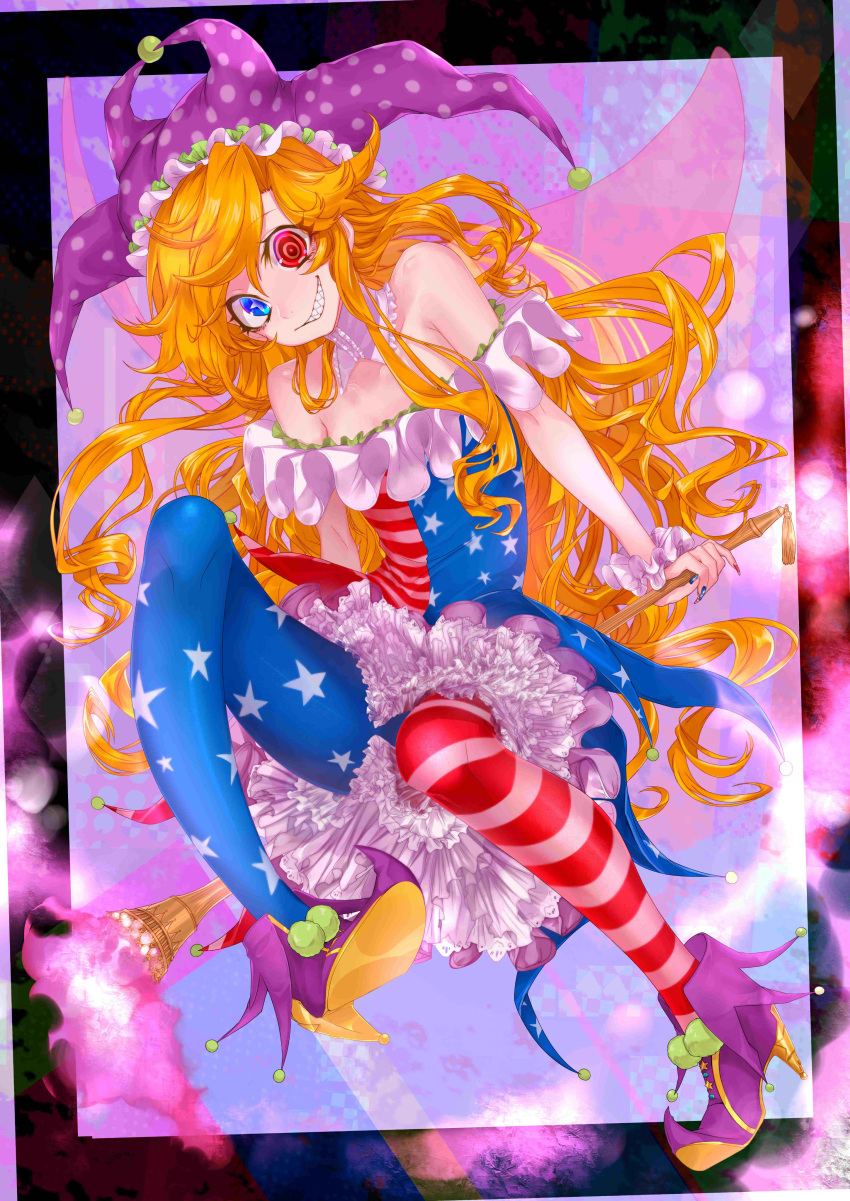 1girl absurdres adapted_costume american_flag american_flag_dress american_flag_legwear bare_shoulders bifrst blonde_hair blue_eyes clownpiece commentary_request crazy crazy_smile dress fairy fairy_wings fire flat_chest frilled_dress frills full_body grin hat heterochromia highres jester_cap long_hair looking_at_viewer nail_polish off-shoulder_dress off_shoulder pantyhose pink_fire pointy_footwear polka_dot polka_dot_headwear purple_background purple_footwear purple_headwear red_eyes sharp_teeth shoes sitting smile solo strapless strapless_dress teeth torch touhou wings wrist_cuffs