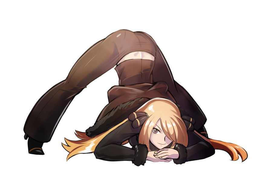 1girl arm_rest black_footwear black_pants black_shirt blonde_hair closed_mouth cynthia_(pokemon) full_body fur-trimmed_jacket fur-trimmed_sleeves fur_collar fur_trim ghgnvm grey_eyes guilty_gear hair_ornament hair_over_one_eye high_heels highres jack-o'_challenge jacket long_hair looking_at_viewer pants pokemon pokemon_(game) pokemon_dppt shirt simple_background smile solo straight_hair top-down_bottom-up white_background