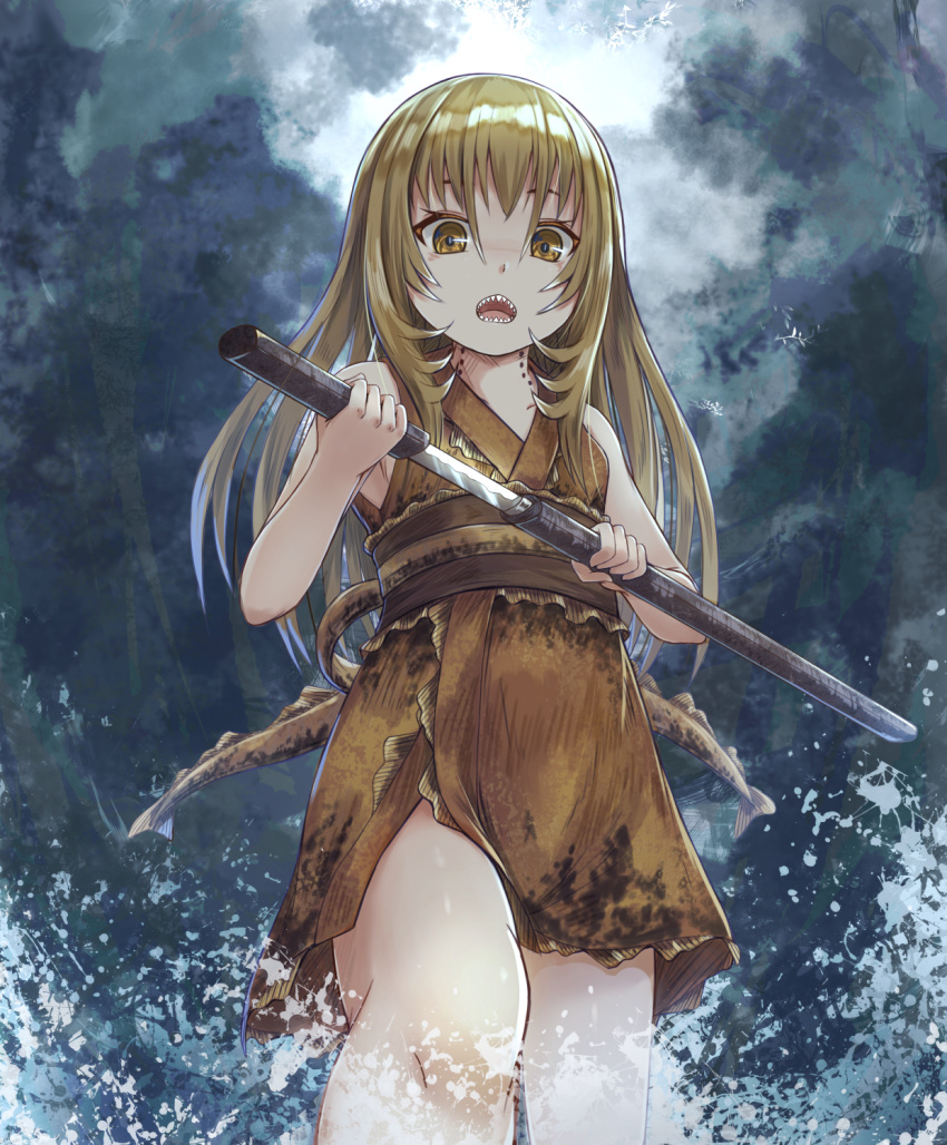 1girl bangs bare_arms bare_shoulders brown_eyes brown_hair brown_kimono commentary english_commentary eyebrows_behind_hair feet_out_of_frame fish hair_between_eyes highres hikari_niji holding holding_sheath holding_sword holding_weapon japanese_clothes katana kimono lamprey long_hair obi open_mouth original personification sash sharp_teeth sheath sleeveless sleeveless_kimono solo standing sword teeth unsheathing very_long_hair water weapon