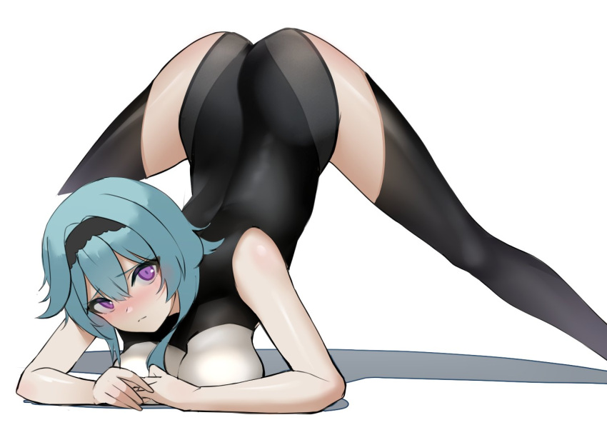 1girl arched_back ass bangs bare_shoulders black_legwear black_leotard blue_hair breast_press breasts closed_mouth commentary cropped_legs eula_(genshin_impact) eyebrows_visible_through_hair flexible genshin_impact hair_between_eyes hairband jack-o'_challenge large_breasts leotard looking_at_viewer raised_eyebrows shadow simple_background solo spread_legs terebi_(shimizu1996) thigh-highs thighs violet_eyes white_background