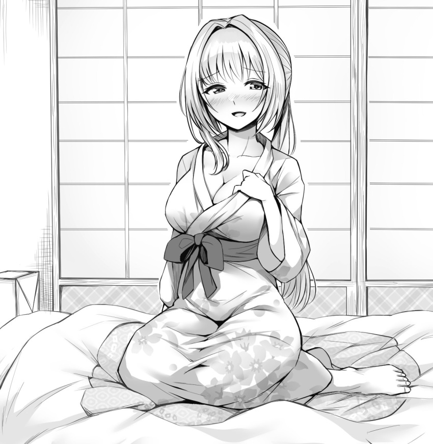 1girl blush breasts eyebrows_visible_through_hair floral_print futon hand_on_own_chest highres japanese_clothes kimono long_hair looking_at_viewer magia_record:_mahou_shoujo_madoka_magica_gaiden mahou_shoujo_madoka_magica monochrome ponytail sitting sliding_doors smile solo yakumo_mitama yukata zwei_(santanawamuujojo)