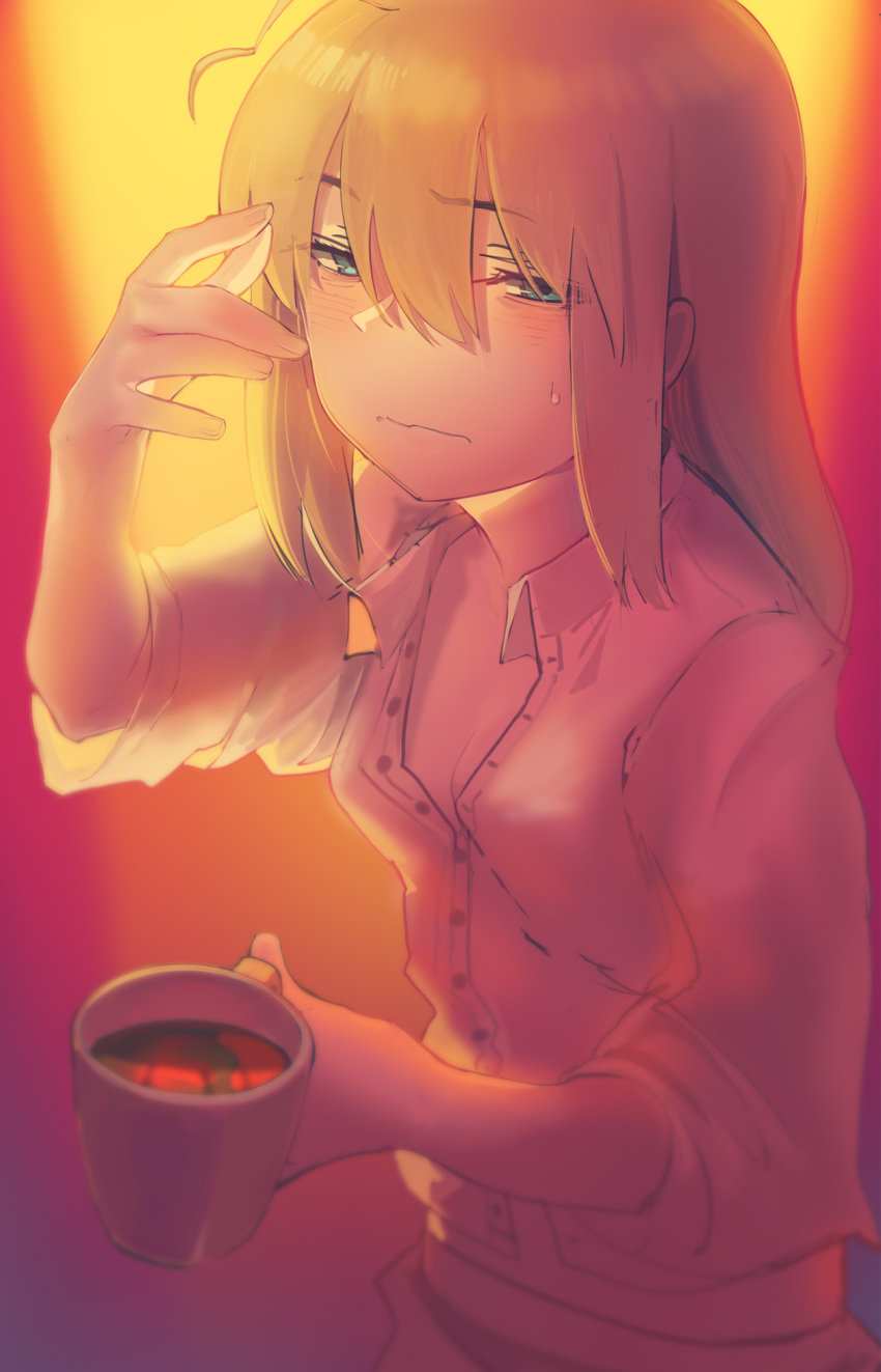 1girl ahoge artoria_pendragon_(fate) blonde_hair blue_eyes blush boa_(brianoa) breasts closed_mouth cup fate/stay_night fate_(series) hair_between_eyes hand_up highres holding holding_cup long_hair looking_at_viewer messy_hair mug panties red_theme saber shirt short_sleeves sleepy small_breasts solo underwear waking_up white_shirt wing_collar