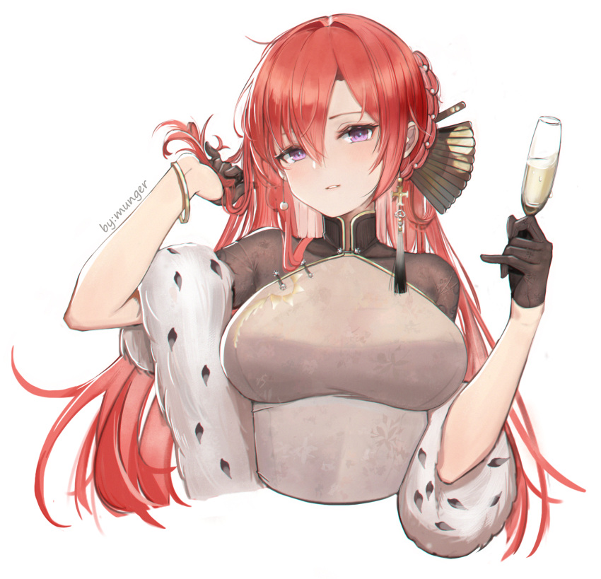 1girl azur_lane black_gloves braid breasts champagne_flute china_dress chinese_clothes crown_braid cup dress drinking_glass feather_boa gloves gold_trim hair_fan half_gloves hand_in_hair highres holding holding_cup impossible_clothes impossible_dress large_breasts looking_at_viewer monarch_(azur_lane) monarch_(black_qipao)_(azur_lane) mungersky official_alternate_costume redhead simple_background solo upper_body violet_eyes white_background