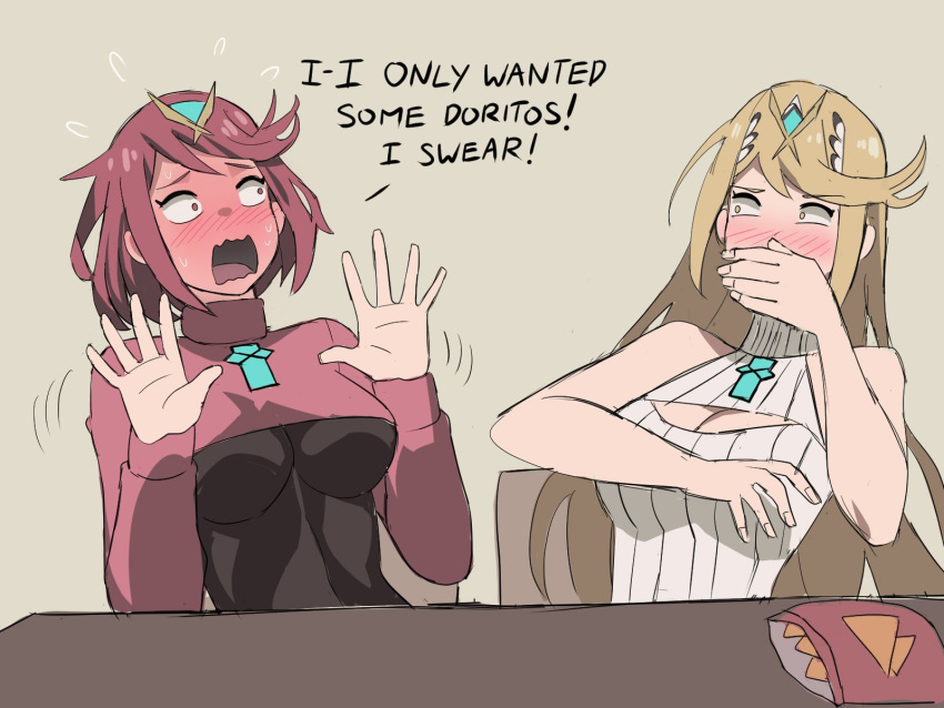 2girls alternate_costume bangs blonde_hair blush breasts center_opening chest_jewel cleavage_cutout clothing_cutout covering_mouth doritos english_text eyebrows_visible_through_hair flying_sweatdrops full-face_blush headpiece highres jourd4n long_hair meme_attire multiple_girls mythra_(xenoblade) open-chest_sweater open_mouth pyra_(xenoblade) red_eyes redhead short_hair sitting sweater swept_bangs turtleneck turtleneck_sweater very_long_hair wavy_mouth xenoblade_chronicles_(series) xenoblade_chronicles_2 yellow_eyes